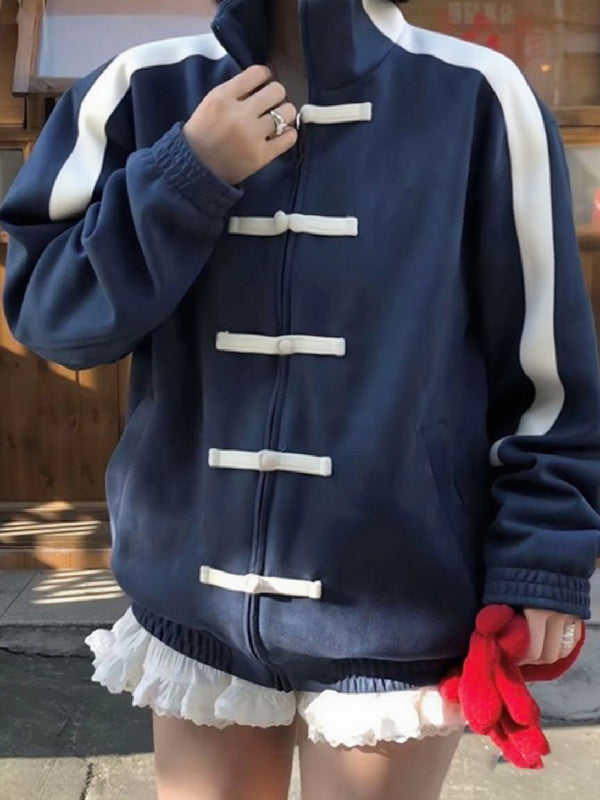 Long Sleeves Contrast Color Frog Closures Zipper Stand Collar Jackets ...