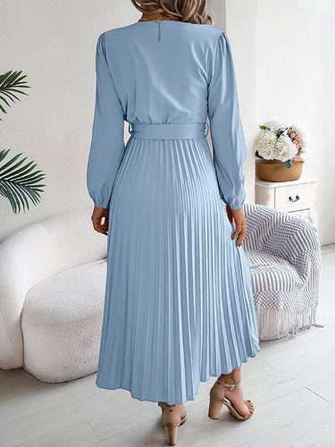 1713848 High Waisted Long Sleeves Belted Buttoned Pleated Solid Color V-Neck Maxi Dresses