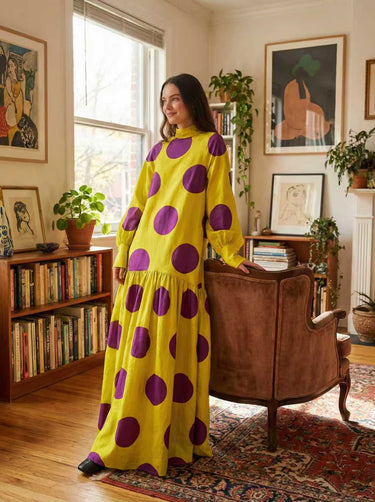 Long Sleeves Loose Big Hemline Contrast Color Pleated Polka Dot Split-Joint Half Turtleneck Maxi Dresses