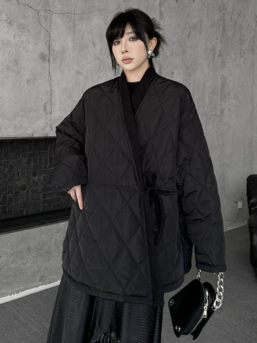 1720263 Long Sleeves Loose Plaid Quilted Solid Color Split-Joint Tied Collarless Outerwear Padded Coat