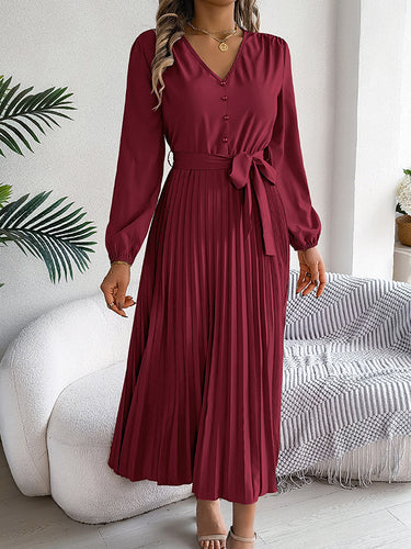 1713861 High Waisted Long Sleeves Belted Buttoned Pleated Solid Color V-Neck Maxi Dresses