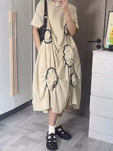 ハイロールーズプリーツラウンドネックミディドレス