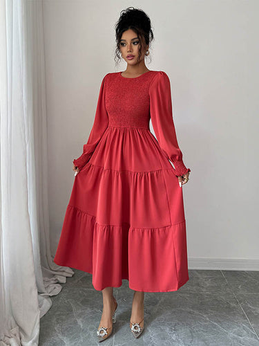 1731549 Elasticated Waist High Waisted Pleated Solid Color Split-Joint Round-Neck Midi Dresses