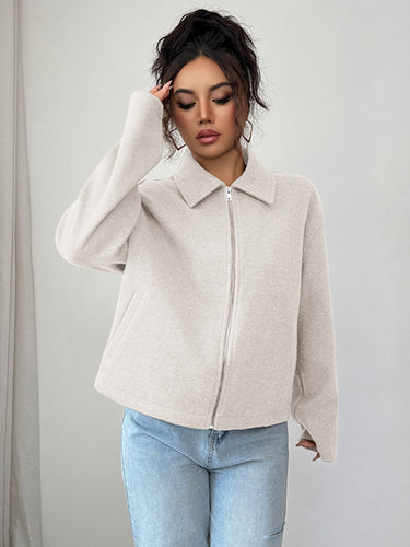 1721774 Long Sleeves Loose Solid Color Zipper Lapel Outerwear