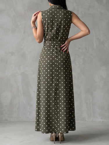 1775934 Sleeveless Belted Buttoned Contrast Color Pockets Polka Dot Split-Front Lapel Maxi Dresses Shirt Dress