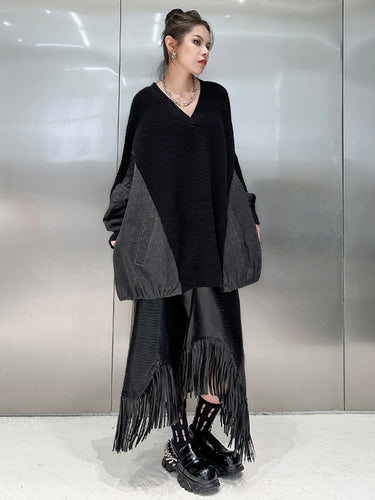 1719705 A-Line Irregularity Asymmetric Buttoned Crocodile Texture Solid Color Tasseled Skirts Bottoms