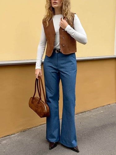 1739833 Loose Sleeveless Buttoned Solid Color V-Neck Vest Outerwear Waistcoat