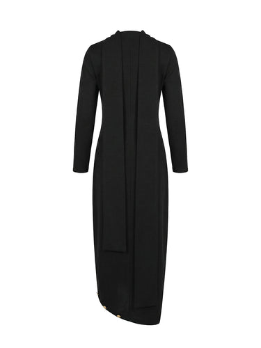 Mangas compridas soltas assimétricas abotoadas de junta dividida vestidos maxi de pescoço de mock split