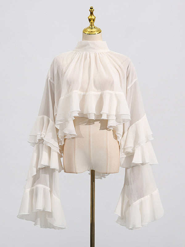 False Two Flared Sleeves Pleated Ruffle Trim See-Through Solid Color T ...