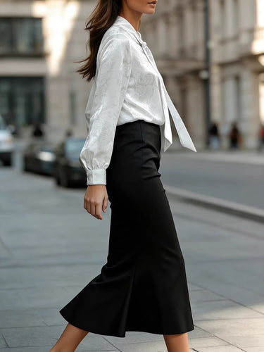 1754193 Long Sleeves Buttoned Flower Print Pleated Tied Lapel Collar Blouses&Shirts Tops