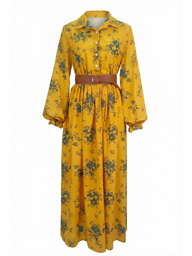 1740459 A-Line Elasticated Waist Belted Buttoned Contrast Color Flower Print Pleated Split-Joint Lapel Maxi Dresses Shirt Dress