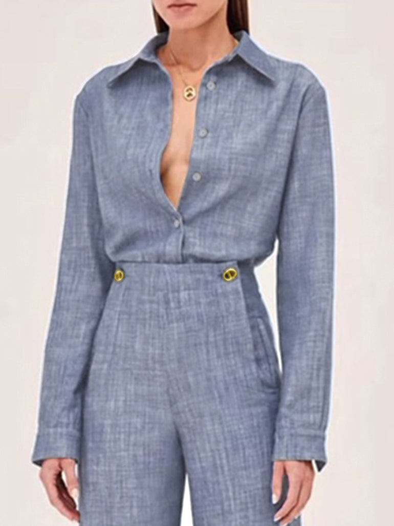 Long Sleeves Buttoned Contrast Color Printed Lapel Blouses&Shirts Tops + Pleated Bodycon Skirts Bottom Two Pieces Set main image 1