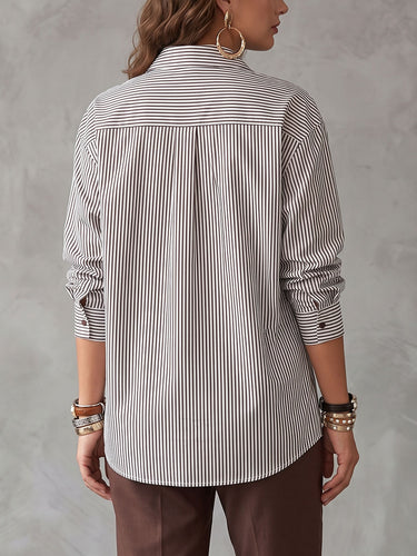 1788528 Striped Contrast Color Buttoned Bowknot Loose Long Sleeves Lapel Blouses&shirts Tops