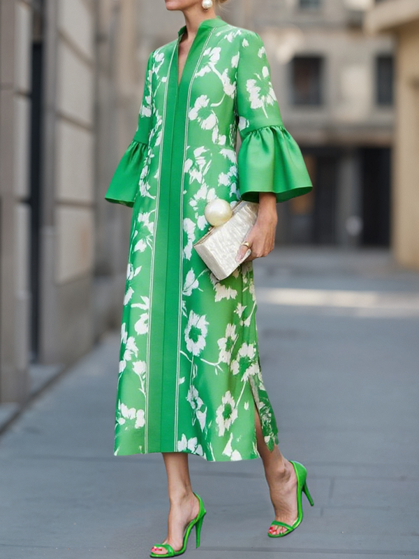 Flared Sleeves Loose Flower Print Split-Joint Split-Side Deep V-Neck Midi Dresses main image 0