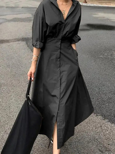 1639632 Loose Puff Sleeves Pleated Solid Color Split-Joint Lapel Maxi Dresses Shirt Dress