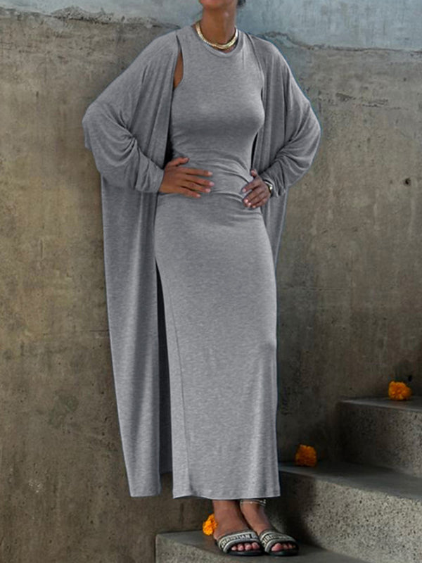 Long Sleeves Solid Color Round-Neck Inner Dress + Bodycon Outerwear Tw ...