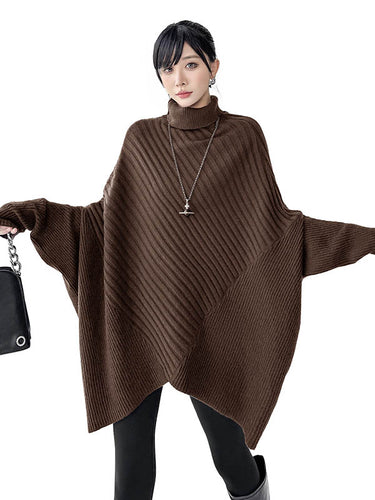 1726265 Batwing Sleeves Irregularity Asymmetric Ribbed Knit Solid Color Split-Joint High Neck Sweater Tops