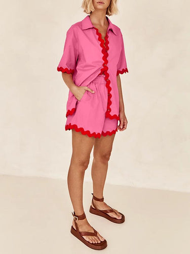 1446857 Loose Contrast Color Shirts Tops & Shorts Two Pieces Set