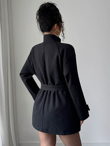 1726758 Elasticated Waist High Waisted Asymmetric Buttoned Solid Color Tied Waist Stand Collar Outerwear