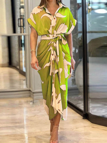 1746842 Maxikleid mit elastischem Bund, hoher Taille, Knöpfen, Falten, einfarbig, geteilter Taille, Bindegürtel und Reverskragen 