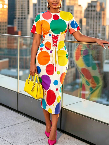 1779160 Bodycon Short Sleeves Colorful Contrast Color Polka Dot Split-Back Split-Joint Tied Round-Neck Midi Dresses