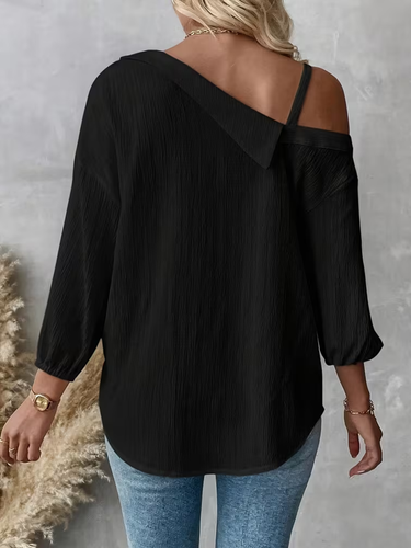 1782095 Long Sleeves Loose Buttoned Pockets Solid Color One-Shoulder Blouses&Shirts Tops