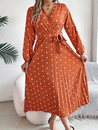 1756153 High Waisted Long Sleeves Pleated Polka Dot Tied Waist V-Neck Maxi Dresses Shirt Dress