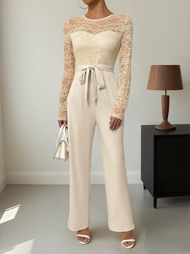 1766420 Kolom hoog getailleerde doorzichtige effen kleur split-joint gebonden taille ronde hals jumpsuits
