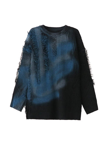 1720234 Irregularity Long Sleeves Abstract Printed Asymmetric Contrast Color Split-Joint Tasseled Round-Neck Sweater Tops
