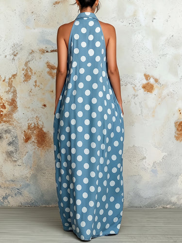 1785732 A-Line Loose Buttoned Contrast Color Pleated Polka Dot Lapel Maxi Dresses
