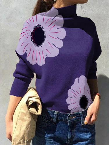長袖ルーズフラワープリントスプリットジョイントハイネックTシャツ