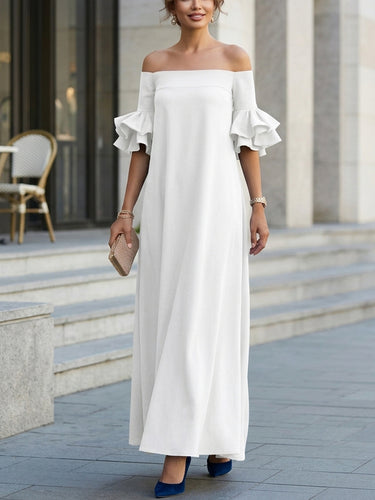 1765347 Half Sleeves Loose Solid Color Off-The-Shoulder Maxi Dresses