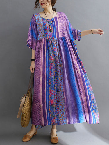 Vestido midi floral de bolsillo lateral estampado a rayas laterales