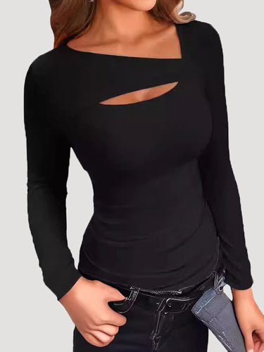 Mangas largas Skinny asimétrico hueco de color sólido sólido camisetas con cuello en V dividido
