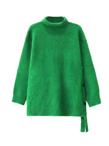 1734796 Irregularity Long Sleeves Buttoned Ribs Solid Color Split-Joint High Neck Sweater Tops