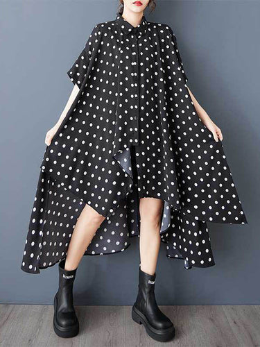 A-Line High-Low非対称ボタン付きPolka-Dot Lapel Midi Dressesシャツドレス