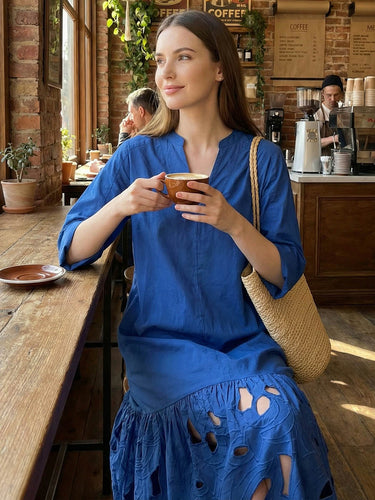 1750820 A-Line Long Sleeves Hollow Pleated Solid Color Split-Joint V-Neck Maxi Dresses