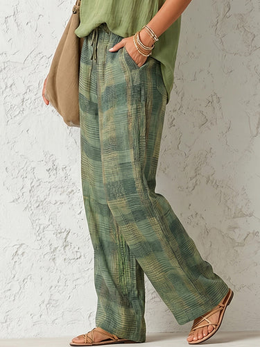 1779199 High Waisted Loose Contrast Color Plaid Pockets Pants Trousers