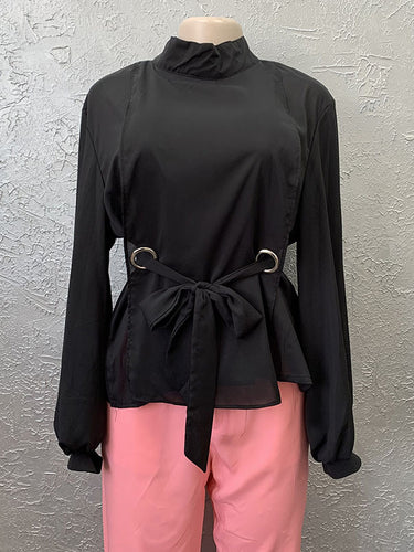 1435361 Loose Wrap Bandage Hollow Solid Color Split-Joint Blouses&Shirts Tops