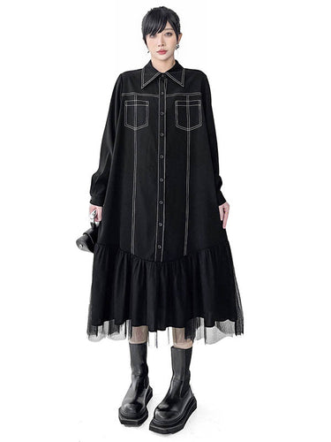 1726280 Irregularity Long Sleeves Asymmetric Buttoned Line Solid Color Split-Joint Lapel Midi Dresses Shirt Dress