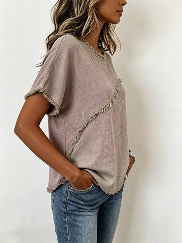 1781228 Loose Short Sleeves Fringed Solid Color Split-Joint Round-Neck T-Shirts Tops