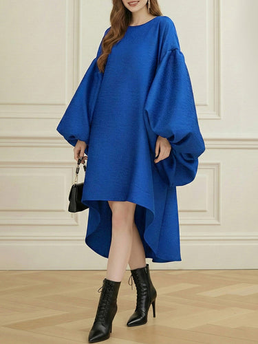 Batwing Sleeves High-Low Pleated Solid Color Split-Joint Round-Neck Midi Dresses