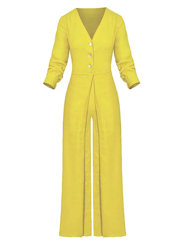 1664217 High Waisted Long Sleeves Buttoned Pockets Solid Color V-Neck Jumpsuits