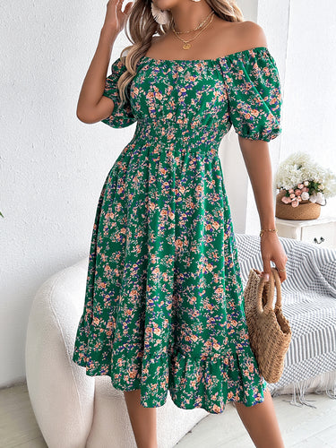 1783915 A-Line Short Sleeves Contrast Color Elasticity Flower Print Ruffle Trim Split-Joint Square-Neck Midi Dresses