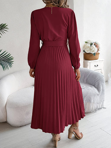 1713859 High Waisted Long Sleeves Belted Buttoned Pleated Solid Color V-Neck Maxi Dresses