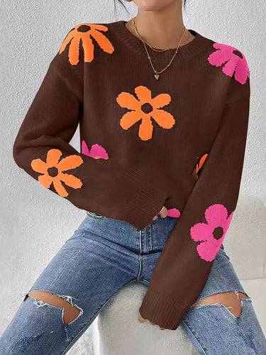 1713879 Long Sleeves Loose Contrast Color Flower Print Round-Neck Sweater Tops