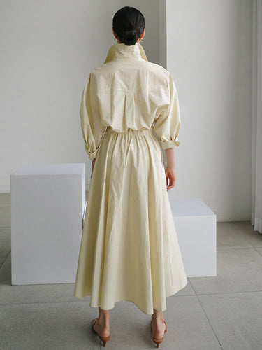 785180 Long Sleeves Loose Buttoned Solid Color Lapel Midi Dresses