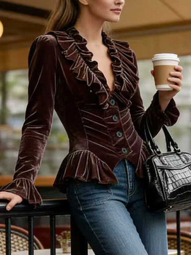 Elasticated Waist Flared Sleeves Buttoned Pleated Ruffled Solid Color Split-Joint Deep V-Neck Blouses&Shirts Tops