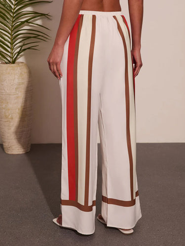 1784974 High Waisted Wide Leg Contrast Color Drawstring Elasticity Pockets Pants Trousers