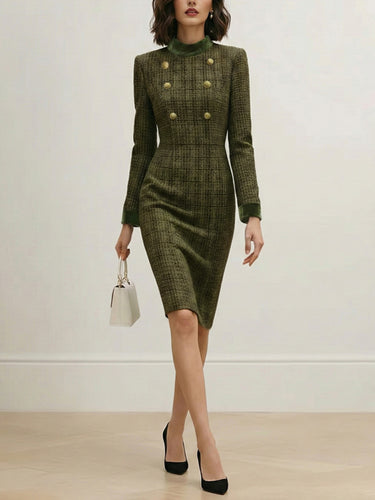 High Waisted Long Sleeves Buttoned Solid Color Split-Joint Zipper Mock Neck Midi Dresses